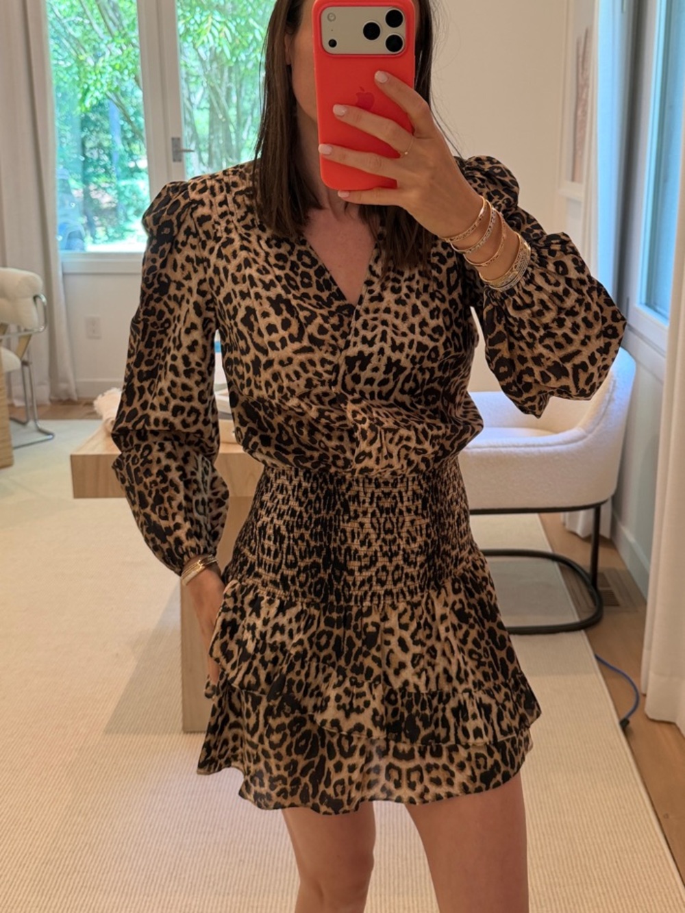 Veronica Beard Leopard-Print V-Neck Smocked Mini Dress